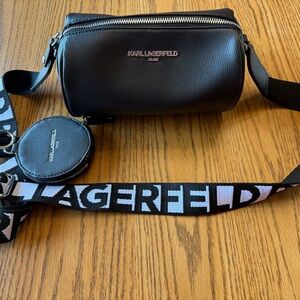 Karl Lagerfeld Black Leather Belt Bag with Logo Strap and Coin Pouch